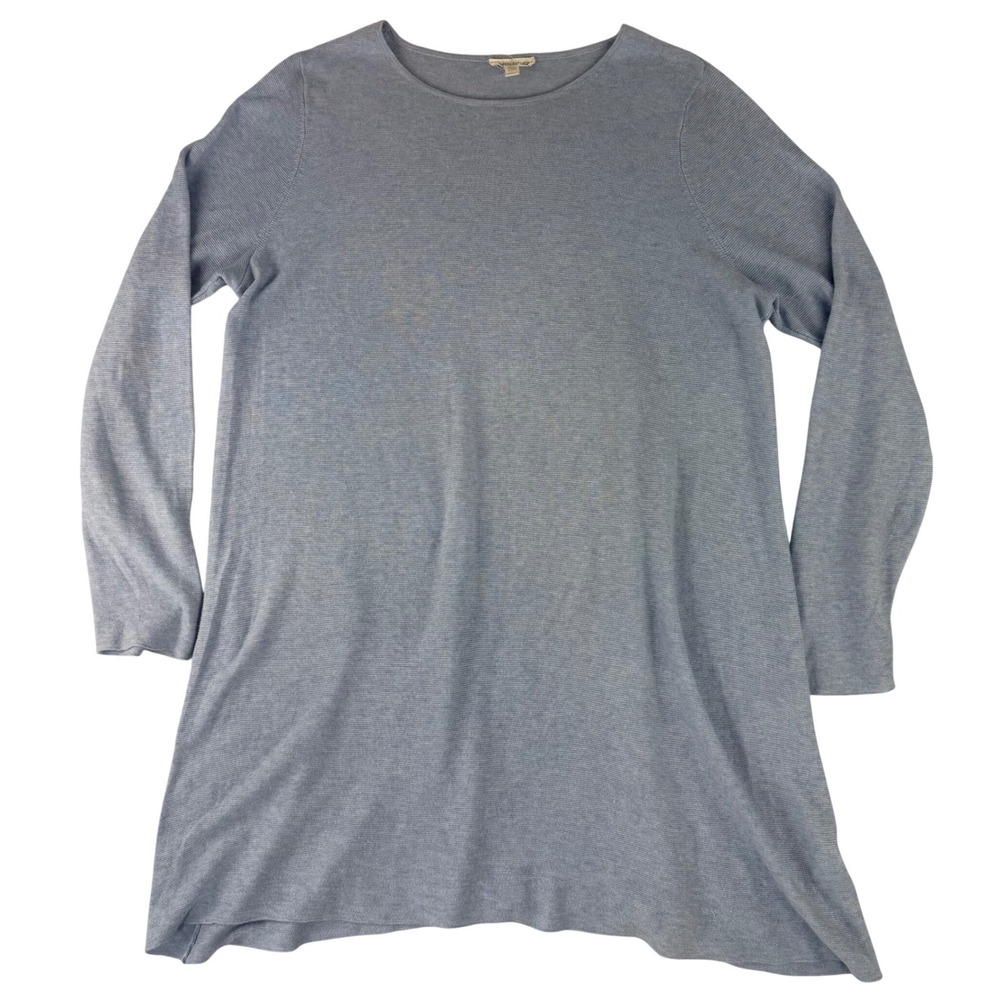 Eileen Fisher Knit Tunic Sweater Womens XL Blue Tencel Silk Cotton Crew Neck‎
